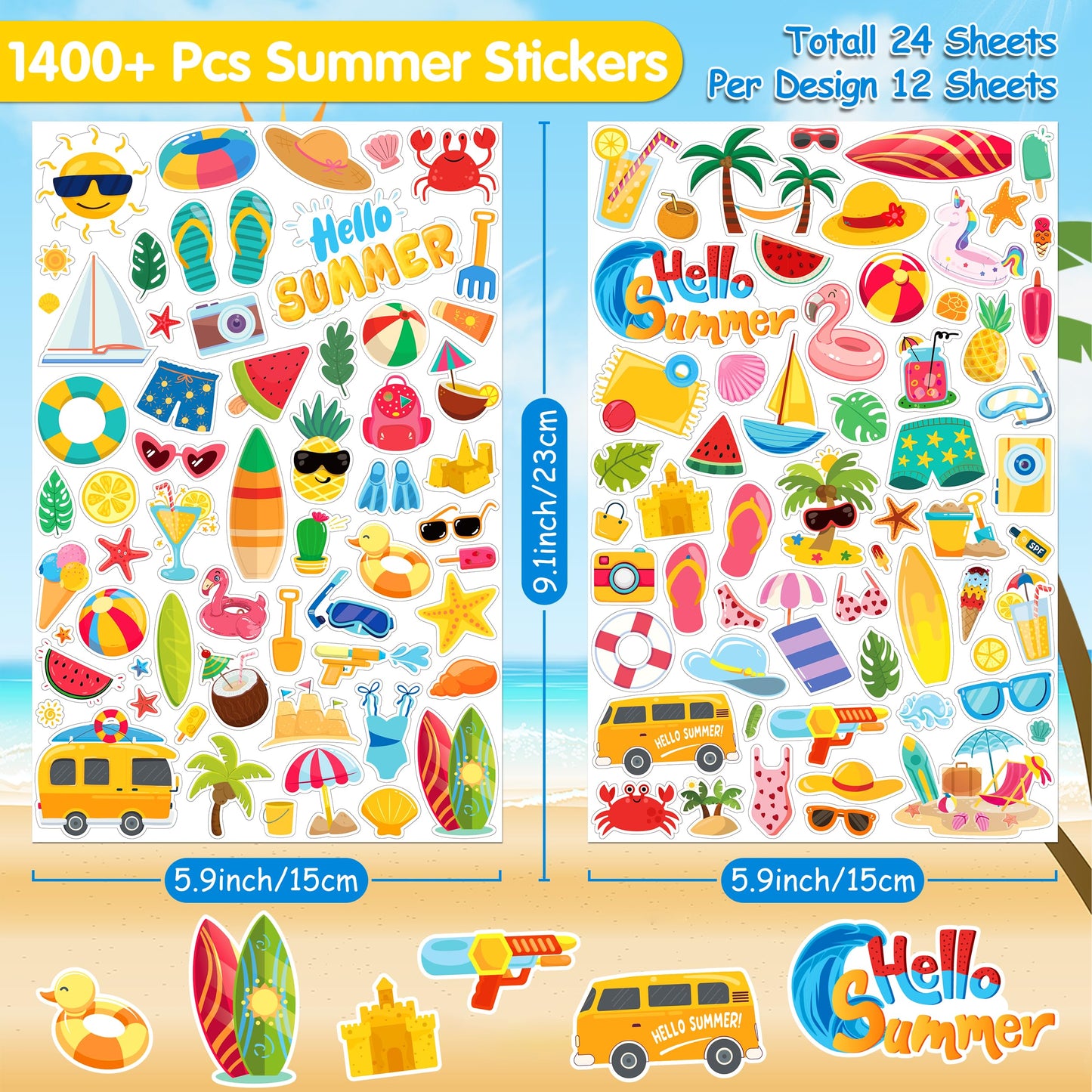 Linaye 24 Sheets Summer Beach Stickers For Kids, 1400 Pcs Beach Vinyl Waterproof Stickers For Scrapbooking,Water Bottles,Envelop