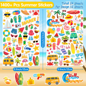 Linaye 24 Sheets Summer Beach Stickers For Kids, 1400 Pcs Beach Vinyl Waterproof Stickers For Scrapbooking,Water Bottles,Envelop