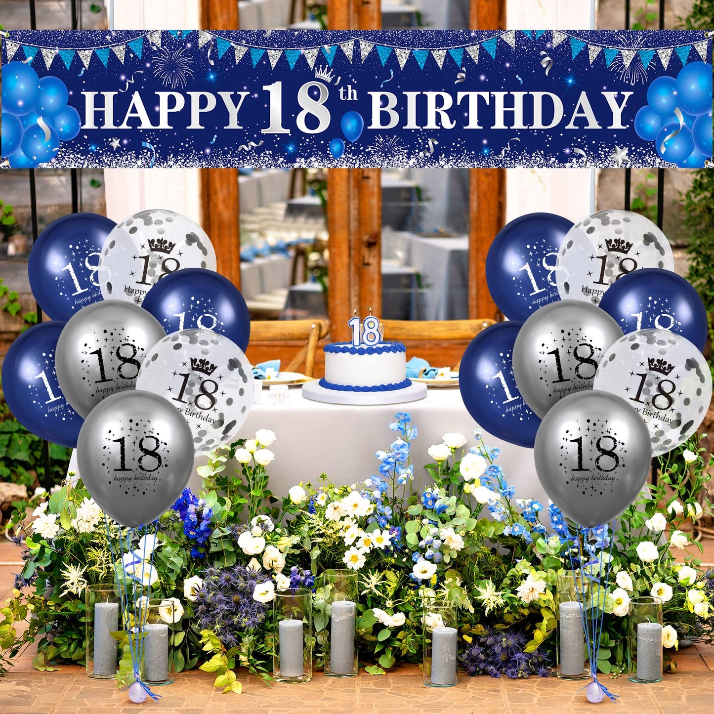 Blue 18Th Birthday Decorations For Boys Girls, Navy Blue Silver Happy 18Th Birthday Yard Banner And 18Th Birthday Balloons For 18Th Birthday Anniversary Party Supplies, Eighteen Year Old Party Decorations