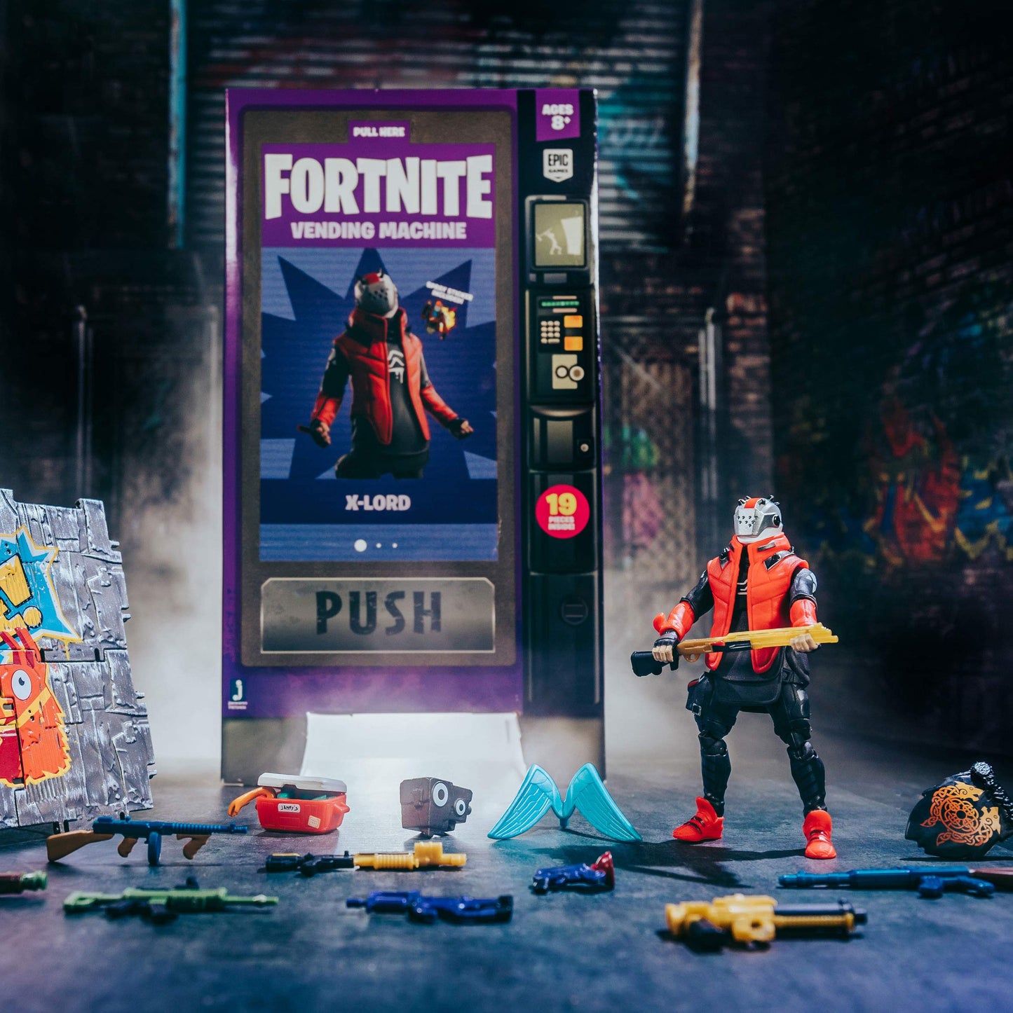 Jazwares Fortnite Vending Machine with X-Lord Figure, 9 Weapons, 4 Back Bling, Piccolo Size, Purple, Model FNT0406