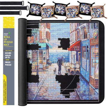 Lwoeo Jigsaw Puzzle Mat Roll Up, No Creases 49.2” X 35” Rubber Saver Pad Up To 3000 Pieces, Black Large Puzzel Matte Rollup With 6 Sorting Trays & 1 Storage Bag. Ideal For Holiday And Birthday