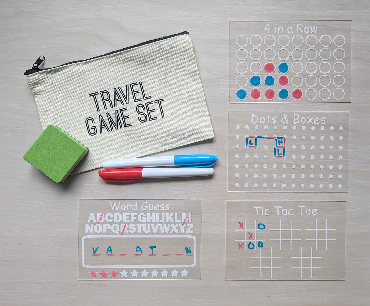 Travel Game Set For Kids - Reusable Dry Erase Games - Activity Bag - 4 Pack With Markers And Bag