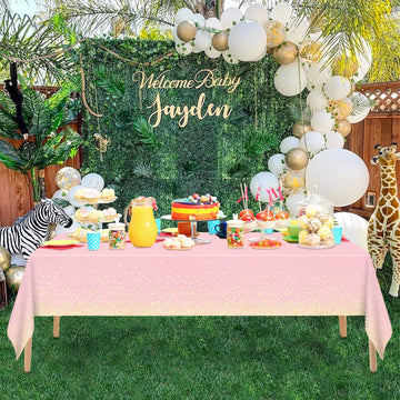 Mulbozy 2 Pcs Pink Tablecloth 54   108  Gold Dot Pink Table Cloth, Pink Disposable Plastic Tablecover for Birthday, Baby Shower,