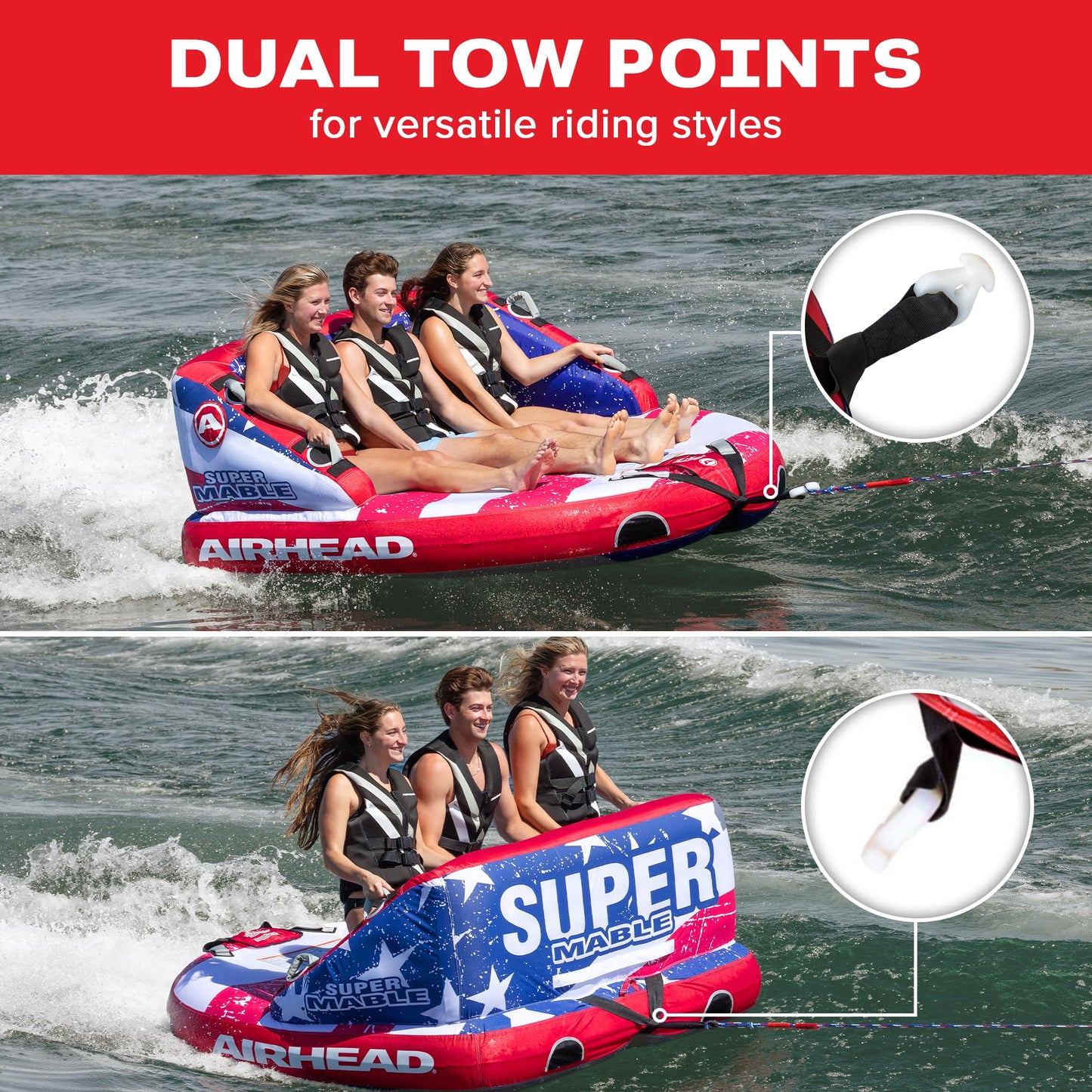 AIRHEAD Super Mable 3-Person Towable Tube - Inflatable Nylon Boat Tube, Stars & Stripes Pattern, 16 Handles, Cushioned Walls