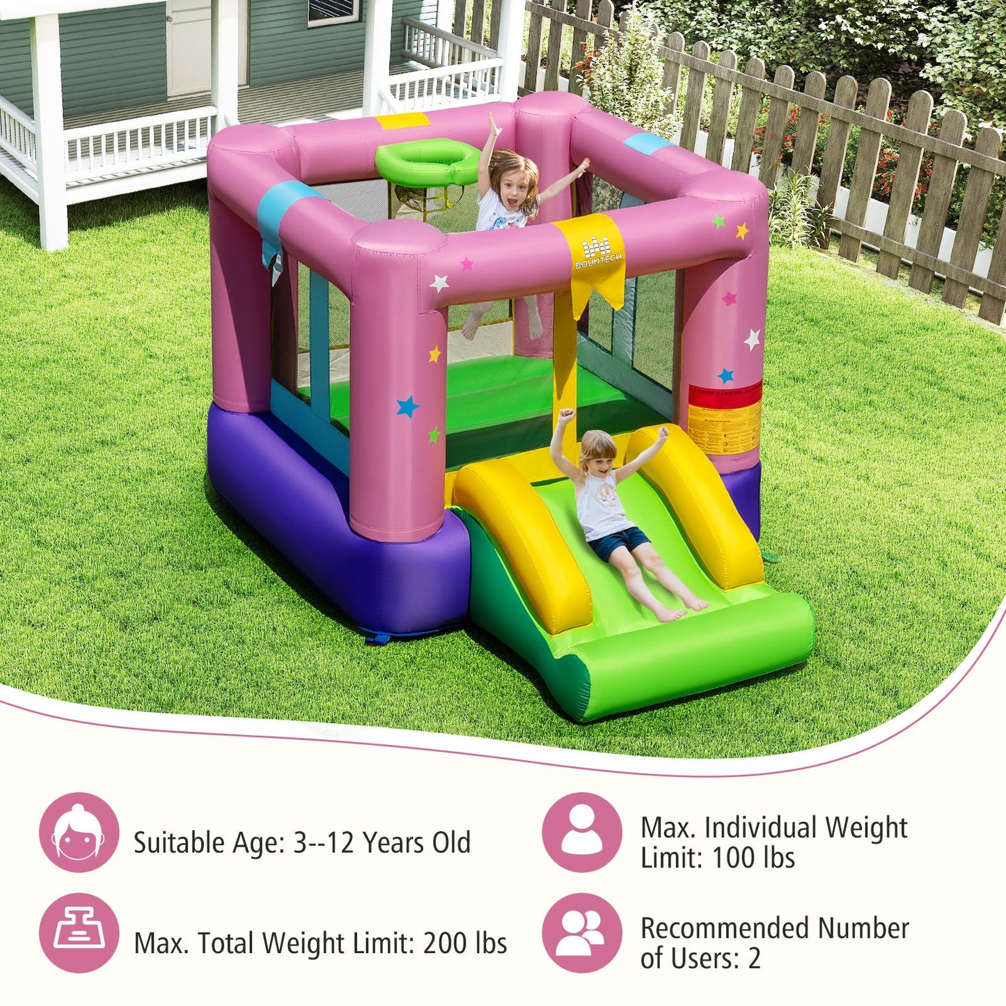 BOUNTECH Inflatable Bounce House, Kids Bouncy House with Slide, Jumping Area, Including 480W Blower, Oxford Carry Bag, Indoor Ca
