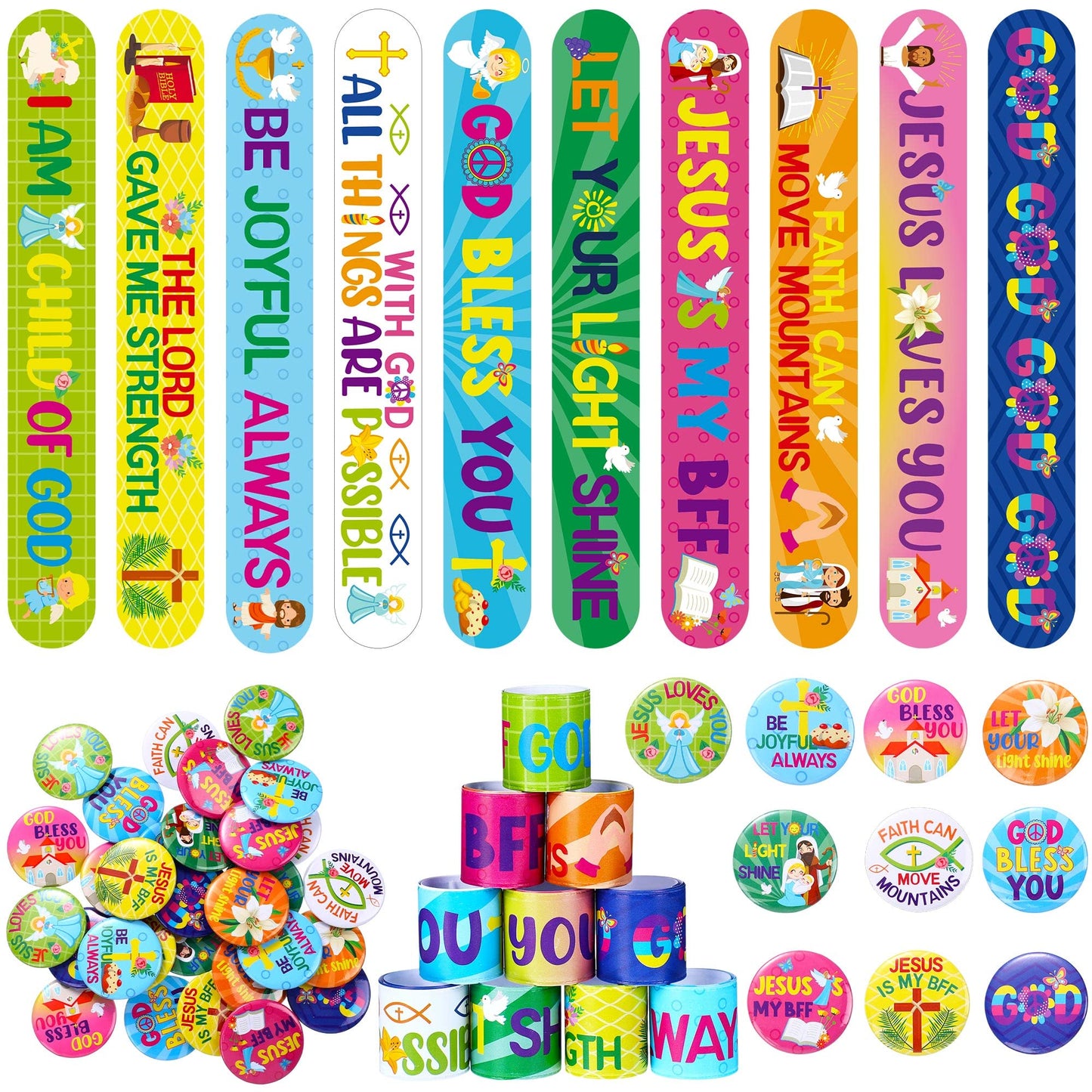 Frienda 60 Pcs Easter Religious Gifts Religious Slap Bracelets With Badges Christian Gifts For Kids Jesus Love You Wristbands Bracelets For Vbs Sunday School Supplies Birthday Party Favors(God)