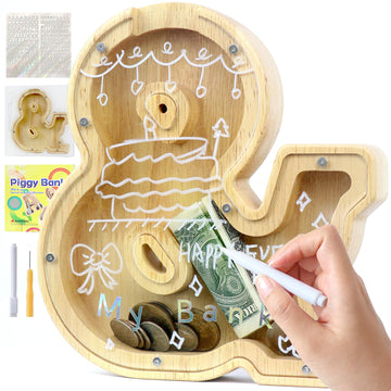 Weallbuy Piggy Bank For Kids Boys Girls Wooden Letter Piggy Bank A-Z Personalized Piggy Bank Clear Coin Bank For Kids With Stick