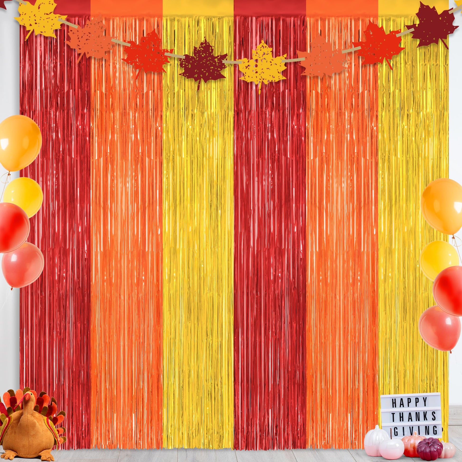 2 Pack Thanksgiving Backdrop, 3.28 FT x 7.05 FT Red Orange Gold Party Streamer, Metallic Fringe Curtains Foil Streamer Tinsel Ba
