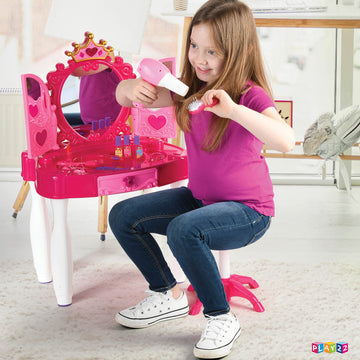 Play22 Pretend Play Girls Vanity Set With Mirror And Stool 21 Pcs - Kids Makeup Vanity Table Set With Lights And Sounds - Kids B
