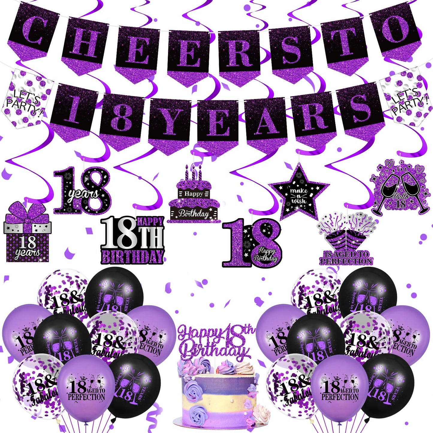 Purple 18Th Birthday Decorations For Girls Boys Purple Black 18Th Birthday Banner Hanging Swirls 18Th Birthday Balloons Happy 18Th Birthday Cake Topper For Purple Cheer To 18 Years Party Supplies
