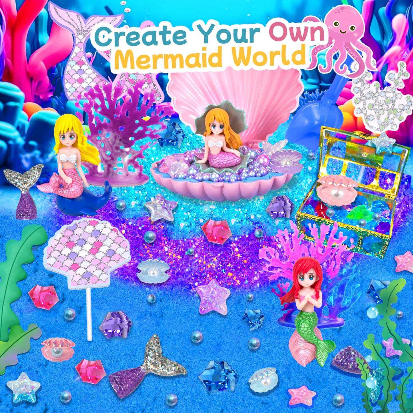 Mermaid Sensory Bin, Play Sand Art Kit with Sandbox & Accessories & Tools & Colorful Sea Shell Conch Starfish Gems Toys Set, Ind