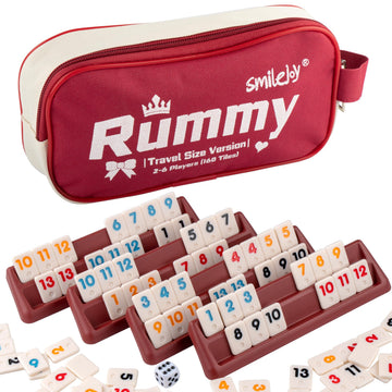 Smilejoy Mini Rummy Cube Game Travel Size Rummy Game with Canvas Bag Mini Rummy Game for mature-themed and Kids 160 Tiles  4 Playing Rack  1 Dice (2-6 Players)