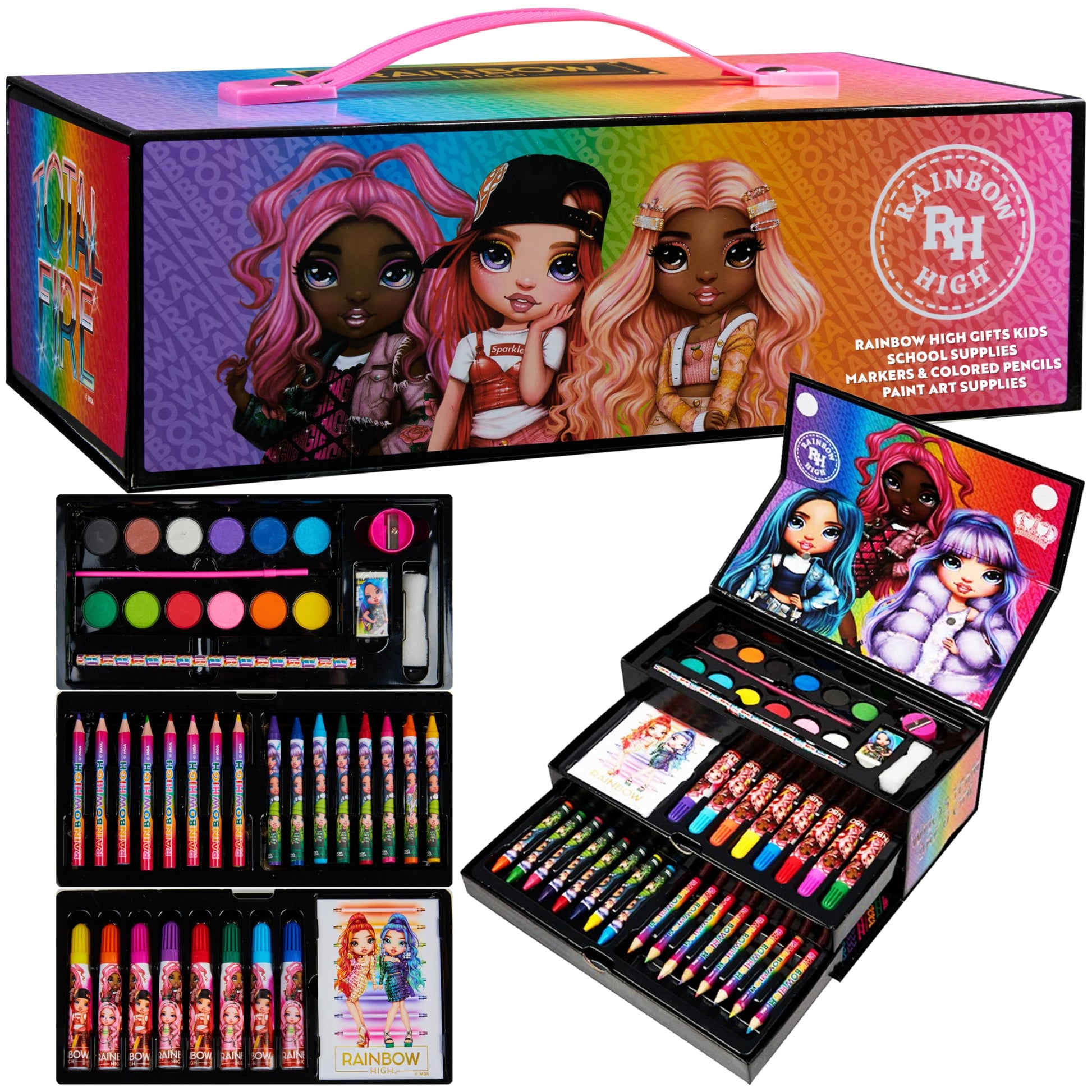 Rainbow High Colored Pencils Art Supplies Kids Drawing Kit Coloring Book Crayons Markers Drawing Pencils Art Kit Travel Case Gif