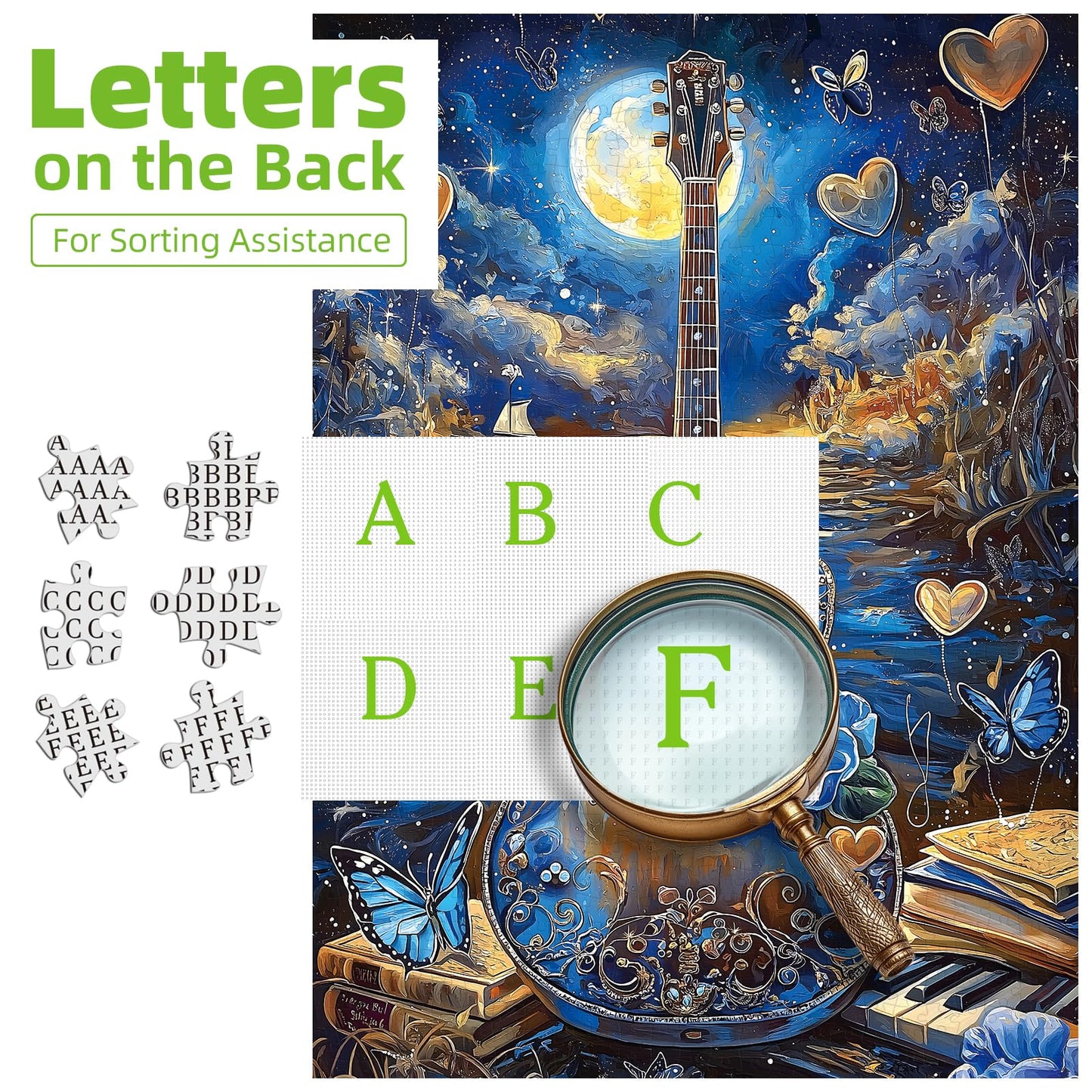 Miniwan 1000 Piece Jigsaw Puzzles For Adults- Fantasy Guitar Moonlight Puzzle - Blue Night Sky With Butterflies Challenging Puzz