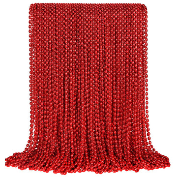 100 PCS Red Mardi Gras Beads, Red Oval Beads Necklaces Christmas Necklaces 30.5'' Metallic Beaded Costume Necklaces Party Neckla