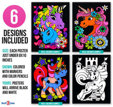 Unicorn Love - 6 Pack of Fuzzy Velvet Coloring Posters for Kids, Toddlers, Girls, and Boys (All Ages Coloring Activity) - Best A