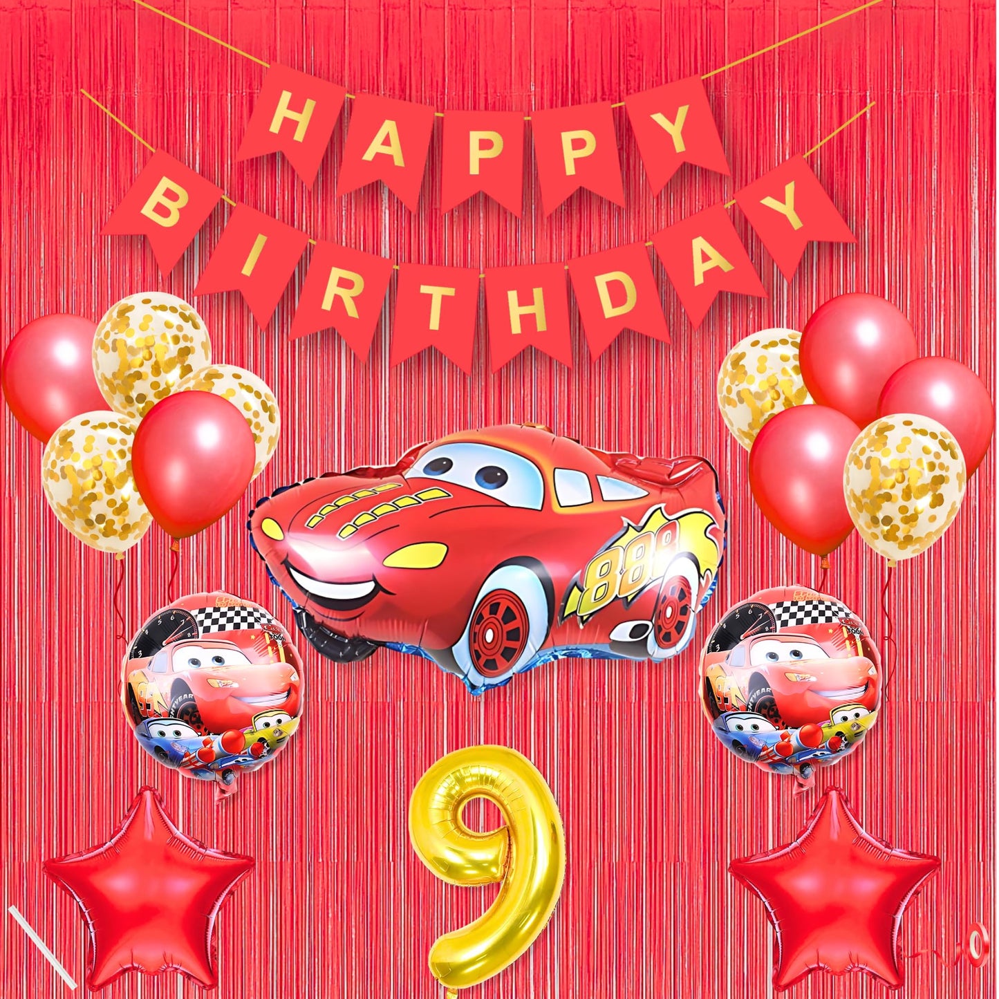 9Th Car Theme Happy Birthday Banner Decoration Red For 9 Year Old Baby Boys Girls Kids 5 Pc Lightning Macqueen Theme 10 Pc Confe