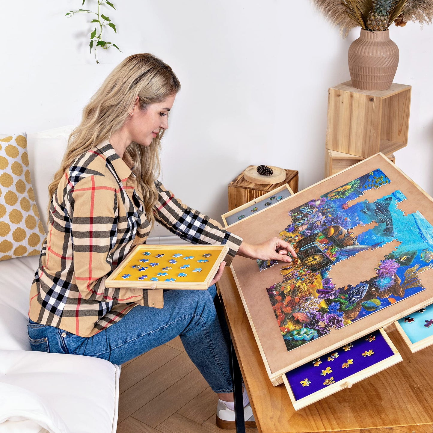 Becko Us 1500-Pc Tilting Puzzle Board With 4 Colorful Drawers & Cover, Adjustable Jigsaw Puzzle Table With Built-In Easel/Stand, Portable Tables With Storage For Adults, With Premium Flannel Tabletop
