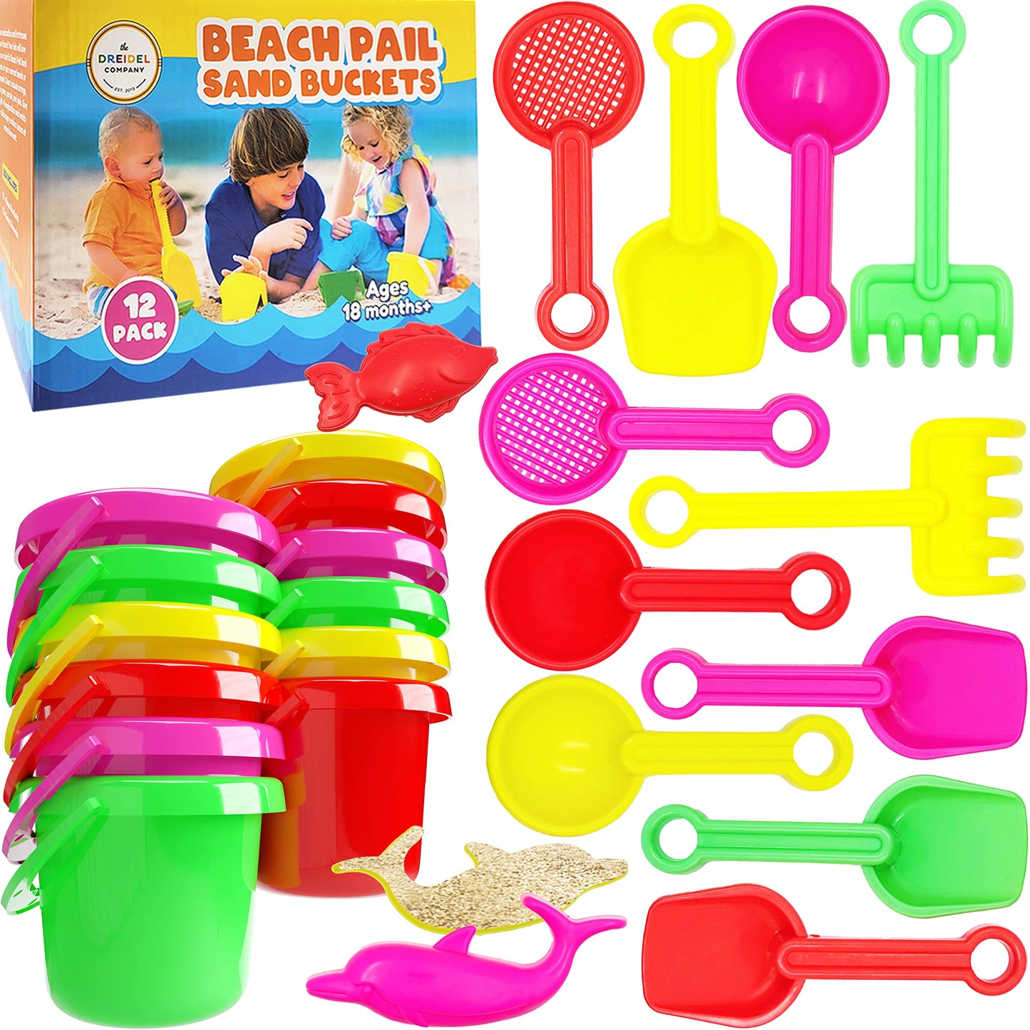 The Dreidel Company Mini Beach Day Playsets (Pack of 12) 3.25'' Sand Bucket Play Set Box Includes, Pail, Shovel, Rake, Sifter Sc