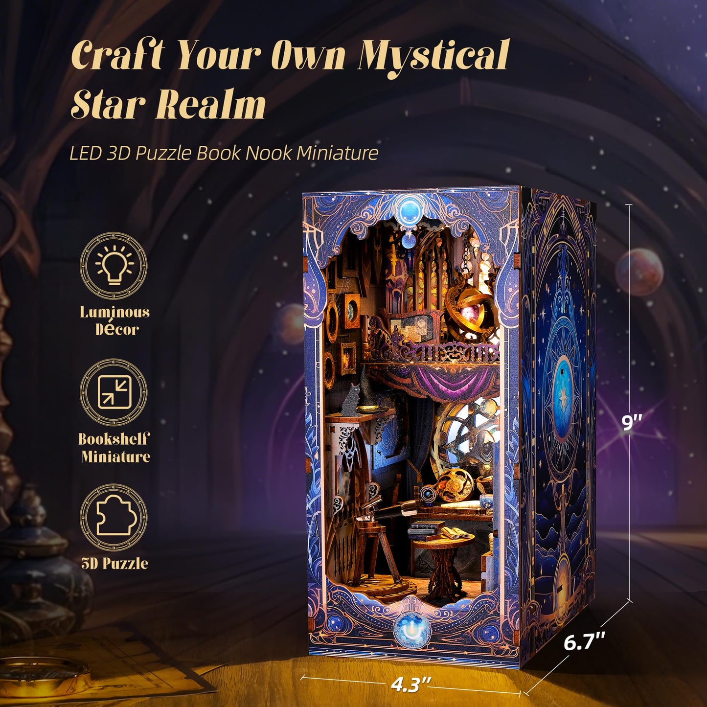 Funpola 3D Wood Puzzle Book Nook Kit, Astrology Star Map Bookshelf Insert With Led Lights, Diy Celestial Miniature Bookend D  Co