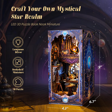 Funpola 3D Wood Puzzle Book Nook Kit, Astrology Star Map Bookshelf Insert With Led Lights, Diy Celestial Miniature Bookend D  Co
