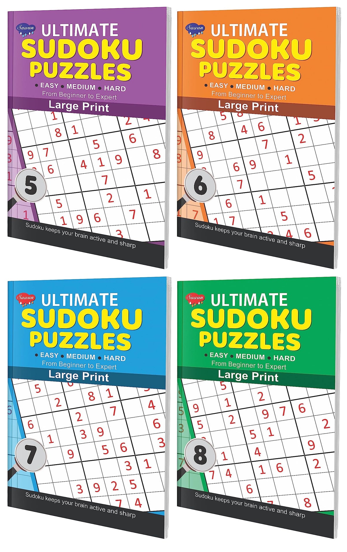 Set of 4 Ultimate Sudoku Puzzles  5,6,7,8 Large print for easy reading and solving [Paperback] SAWAN