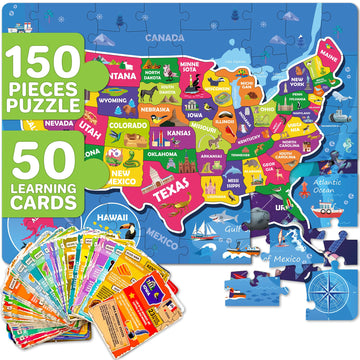 Quokka Puzzles For Kids Ages 8-10 - 150 Pcs Jigsaw Puzzles For 6-8 Year Olds - 400+ Facts On 50 Double-Sided Flashcards | Learn Usa | Education Activity Gift - Shaped Puzzles For Toddlers 4-6