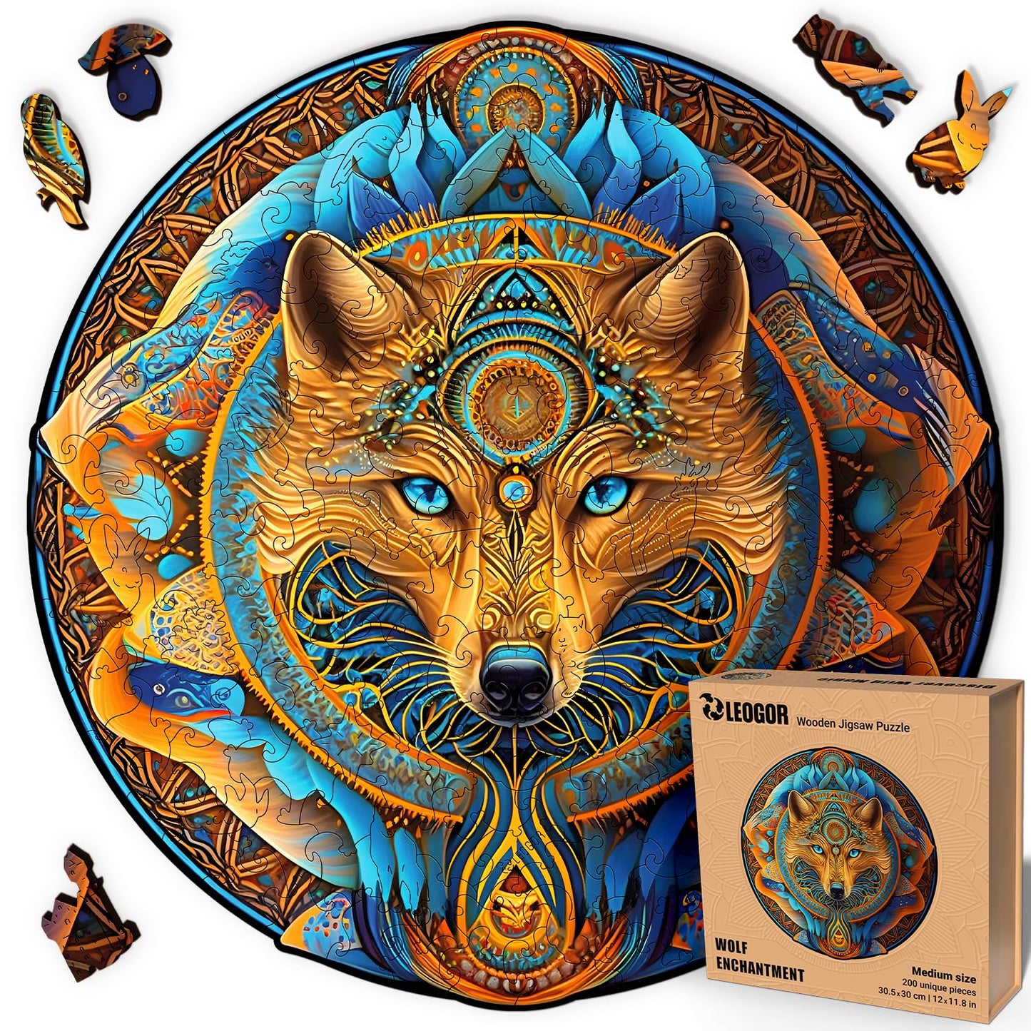 Wolf Enchantment - 200 Piece Wooden Puzzles for mature-themeds - 12 x 11.8 in - Extra-Thick 5 mm Wood Puzzle  Hand-Shaped Pieces  Round Mosaic Design - enhanced Gift for Puzzle Lovers by LEOGOR