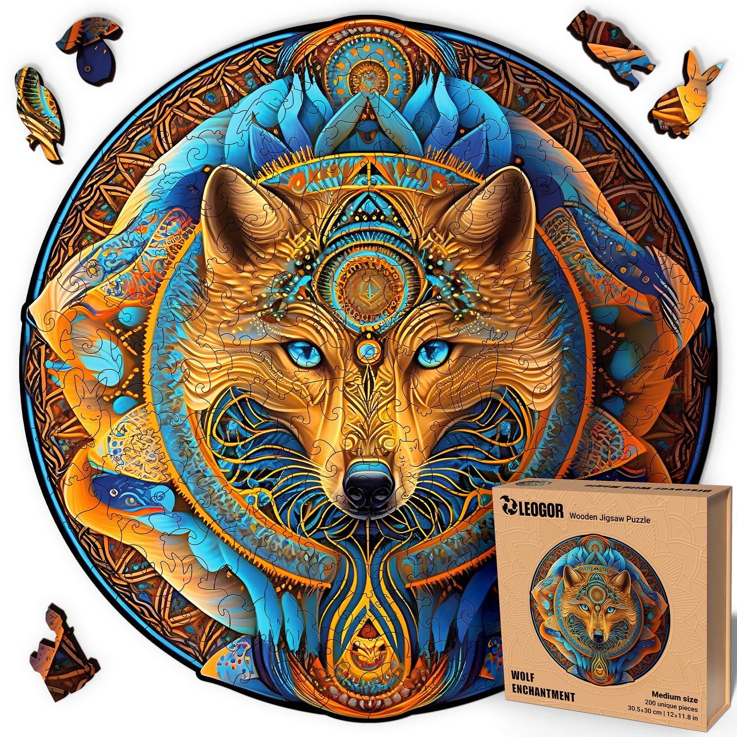 Wolf Enchantment - 200 Piece Wooden Puzzles for mature-themeds - 12 x 11.8 in - Extra-Thick 5 mm Wood Puzzle  Hand-Shaped Pieces  Round Mosaic Design - enhanced Gift for Puzzle Lovers by LEOGOR
