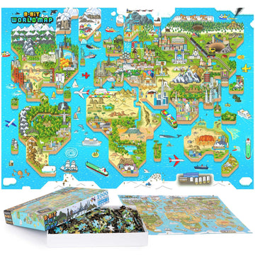 1000 Piece Puzzle - World Map mature-themed Puzzles Retro Gaming Style 8-bit Jigsaw Puzzles 1000 Pieces for mature-themeds and Kids with 50 Famous People to Find! Made Using 100% Recycled Cardboard - by bopster
