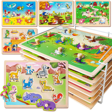 Synarry Wooden Puzzles For Toddlers 1-3, 6Xset Animals Puzzles For Toddlers 2-4 With Rack, Toddler Puzzles Ages 2-4, Kids Learning Educational Montessori Toys For 2 3 Year Old, Gifts For Boys Girls
