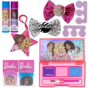 Barbie - Townley Girl Backpack Cosmetic Makeup Gift Bag Set 12 Pcs includes Lip Gloss, Nail Polish & Hair Accessories for Kids T