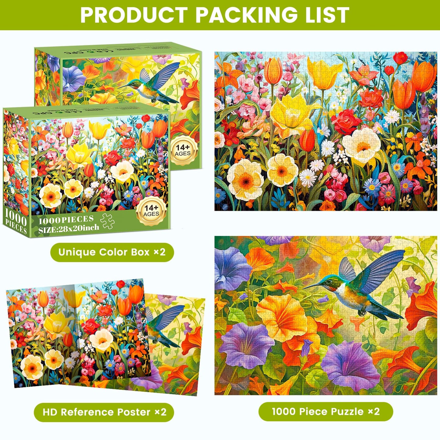 2 Pack Puzzles for mature-themeds 1000 Pieces - 1000 Piece Hard Puzzles for mature-themeds - Thick and Durable Hummingbirds and Flowers Jigsaw Puzzles for Family Fun Birthday Party Favors