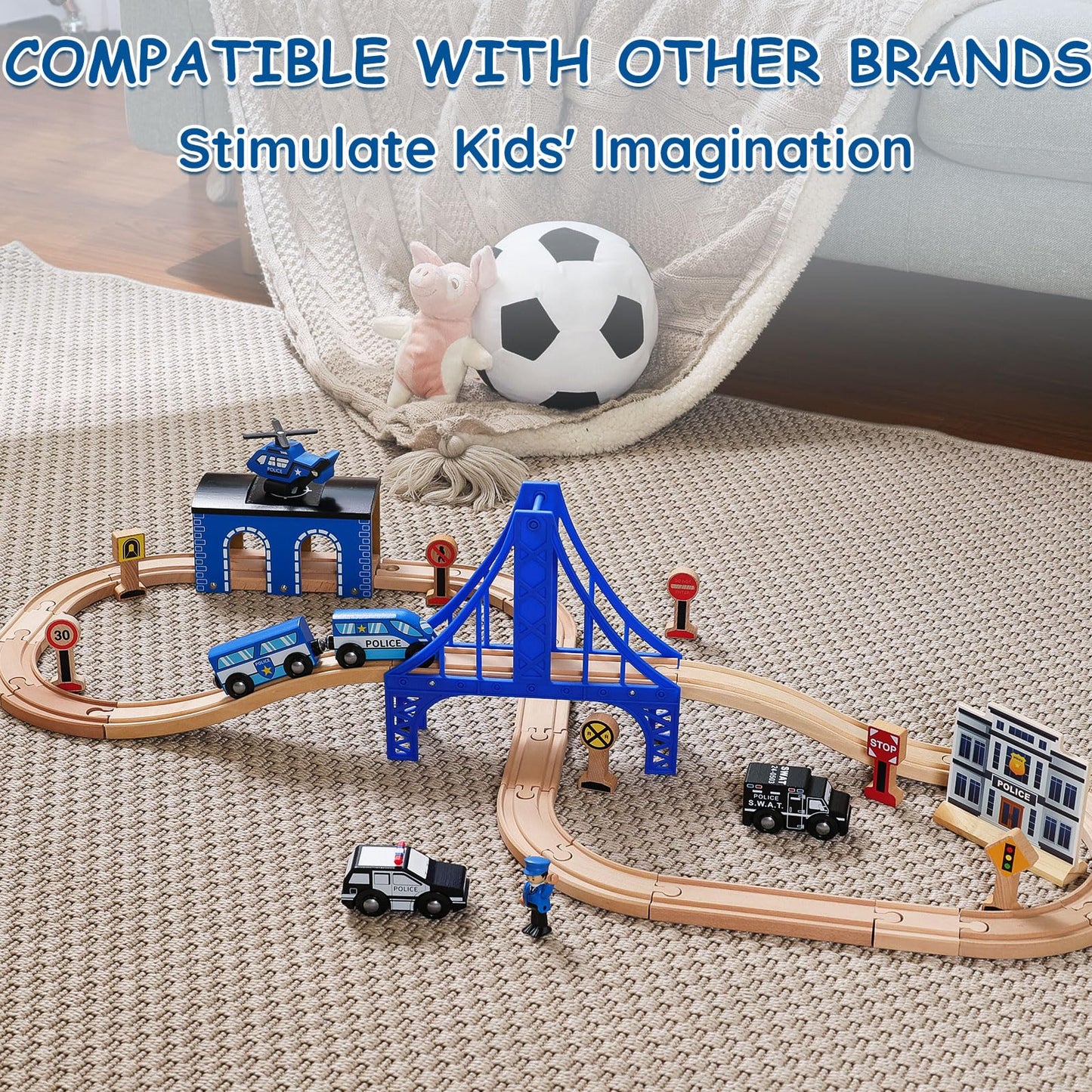 Sainsmart Jr. Wooden Train Set - Interactive Police Playset For Kids | Building Toy With Train, Figures & Accessories | Compatible With Brio, Thomas, Melissa And Doug | Educational Stem Gift
