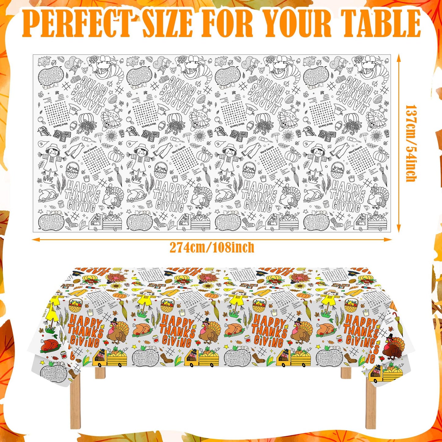 Windkream 4 Pcs 108 x 54 Inch Kids Giant Happy Thanksgiving Coloring Tablecloth Disposable Jumbo Paper Tablecloth for Coloring B