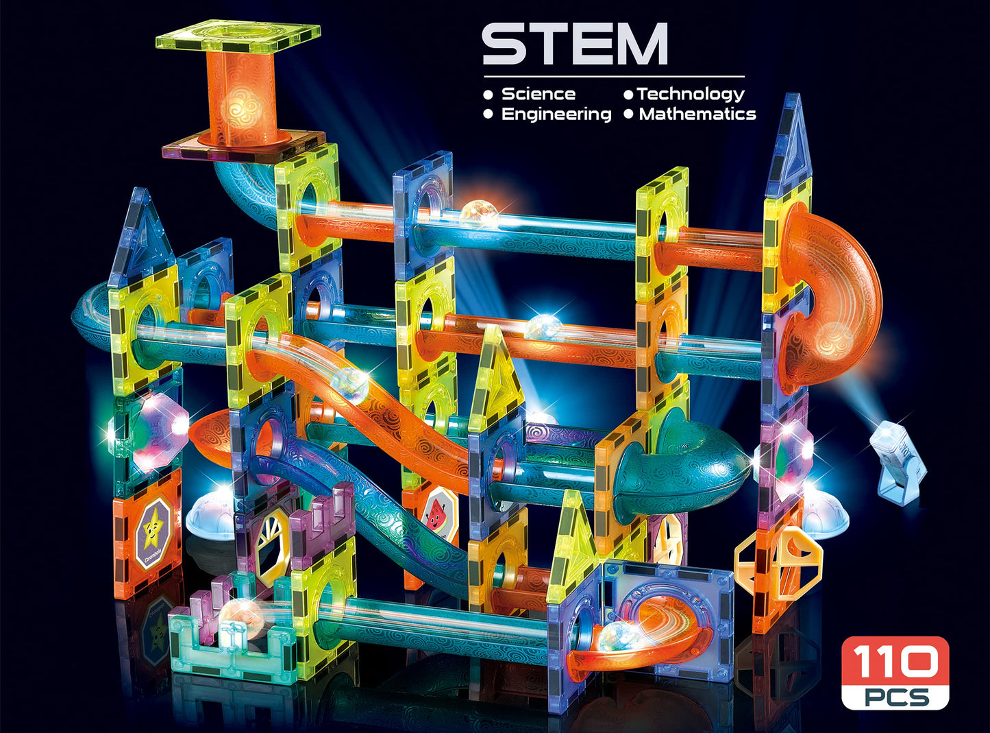 Unique Kids Magnetic Tiles Building Blocks With Marble Run Stem Toys Steam Toys For Kids Ages 3-10+Year Old Boys Girls Best Christmas Birthday Gift (110 Pcs)