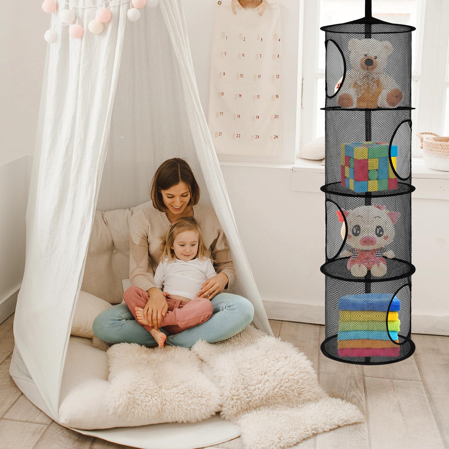 Hanging Net For Stuffed Animals, Foldable Storage Organizer 5 Compartments Toy Storage Organizer For Kid Room Toys, Gloves,Hats,