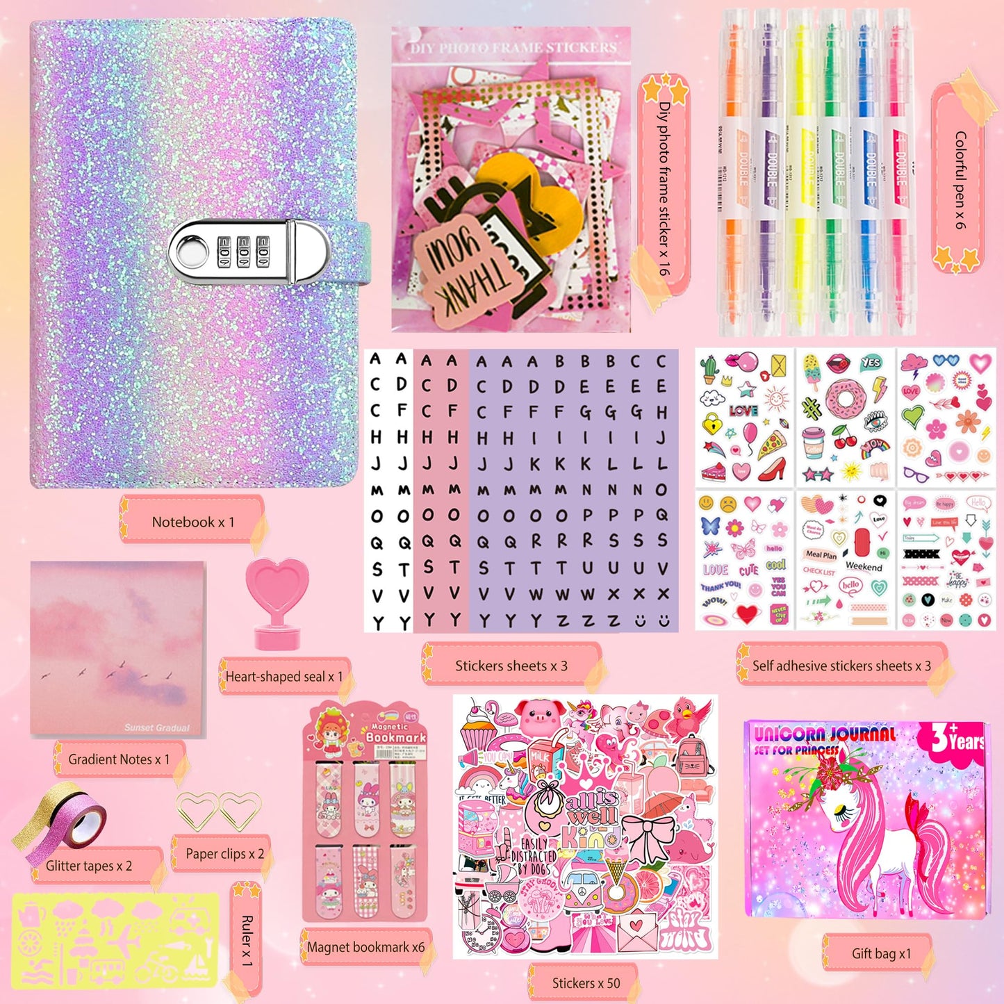 Nldohuto Diy Journal Kit For Girls,Diary For Girls With Lock,Diy Journal Set For Tween & Teen Girls, Stationery Set, Diary Suppl