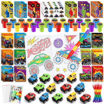 BenLouis 168Pcs Monster Truck Party Favors Truck Car Theme Coloring Books Crayons Sticker Set Bulk for Kids Racing Wheels Birthd