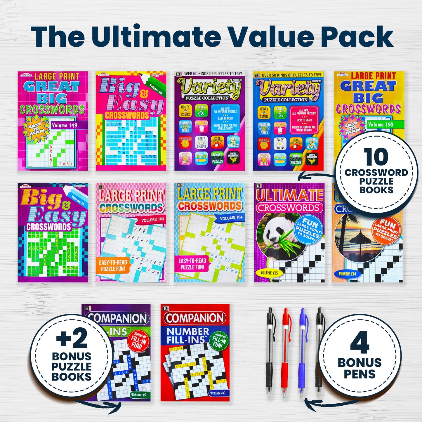 10-Pack Large Print Crossword Puzzles For Seniors Plus 2 Fill-In Puzzle Books And 4 Pens - Big, Bold, Easy-To-Read, Perfect Brai