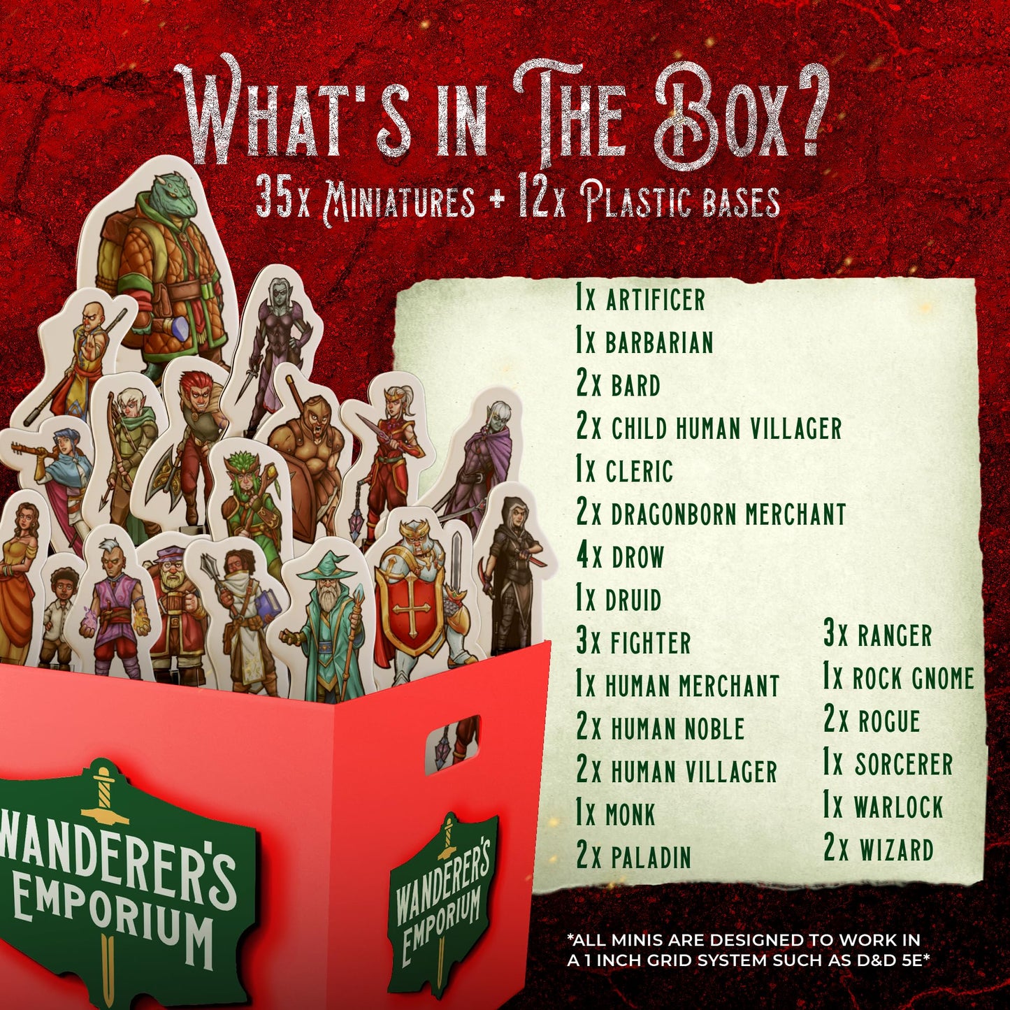 Wanderers Emporium Hard Flat Minis For Dnd Miniatures With Bases | 28Mm - 32Mm Scale Dungeons And Dragons Starter Set 5E (Class