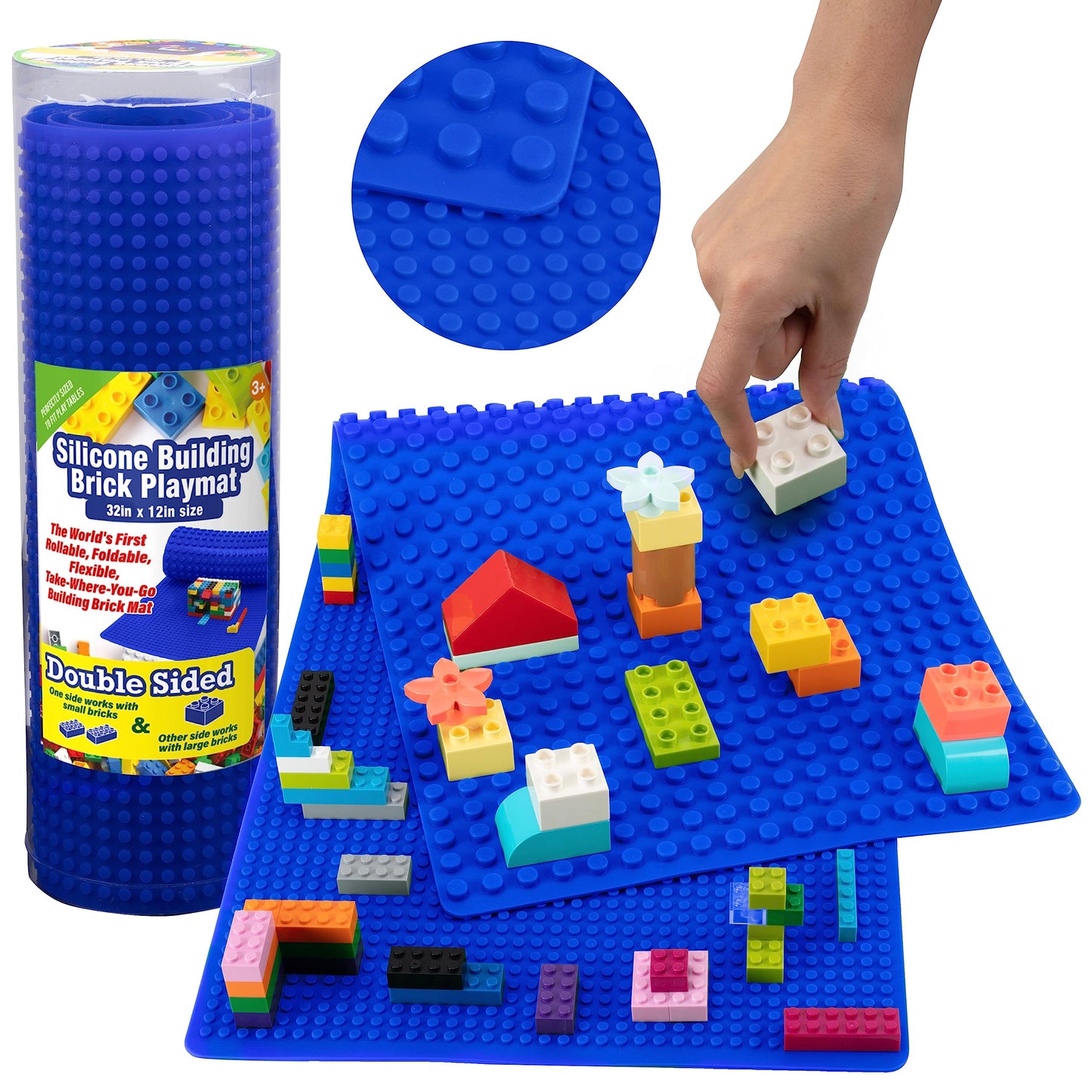 SCS Direct Brick Building Blocks Silicone Playmat - 32 Rollable and Portable Two Sided playmat for Activity Tables- Compatible with and Tight fit with All Major Building Blocks Brands  Kids Gift
