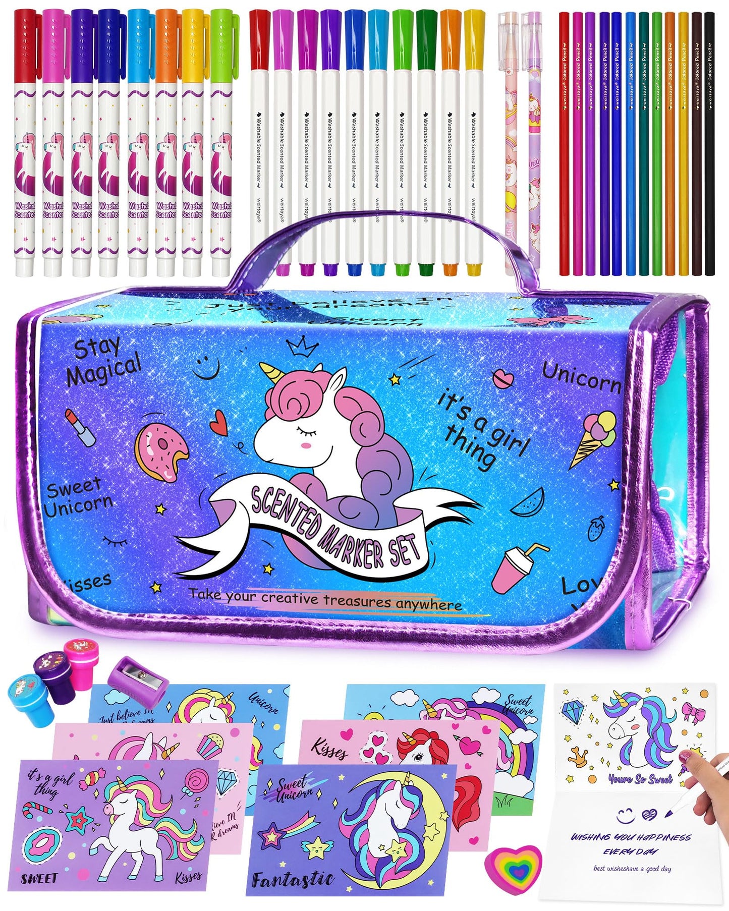 Weirtoya Washable Fruit Scented Markers Set With Unicorn Pencil Case Stationery Set Stem Toys Unicorns Gifts For Girls Birthday