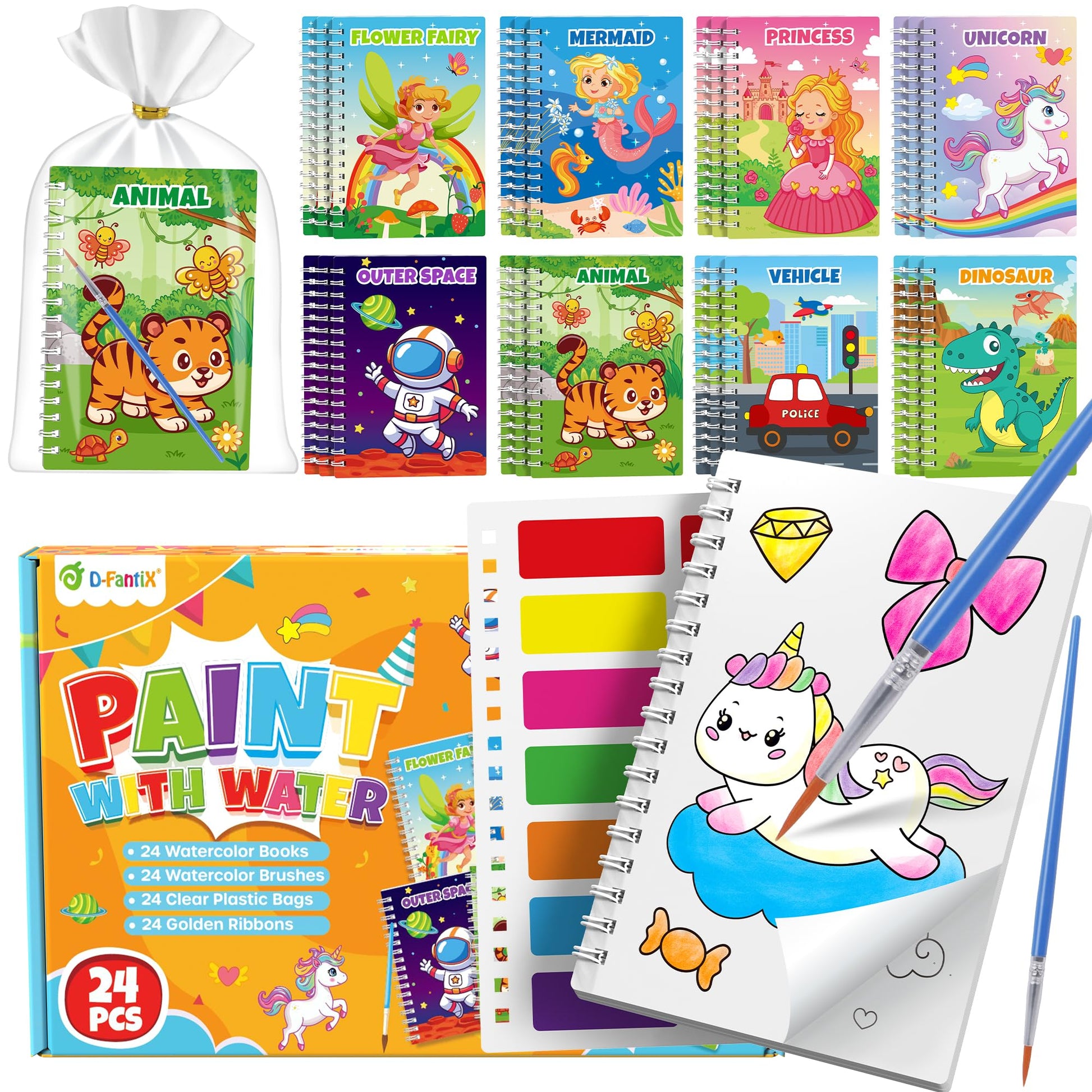 D-FantiX 24 Pack Paint with Water Coloring Books for Kids Ages 4-8-12, Birthday Party Favors Bulk Gifts Goodie Bag Stuffers, Art