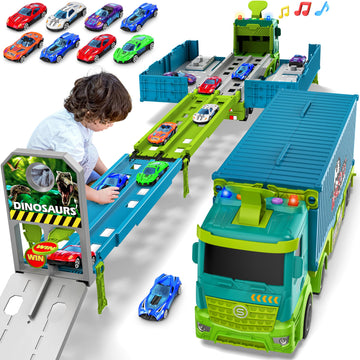 Carrier Truck Race Track Toddler Toys, Foldable 3 Layer Car Race Track Playset, Dinosaur Toy Truck Transport Car Carrier & 8 Rac