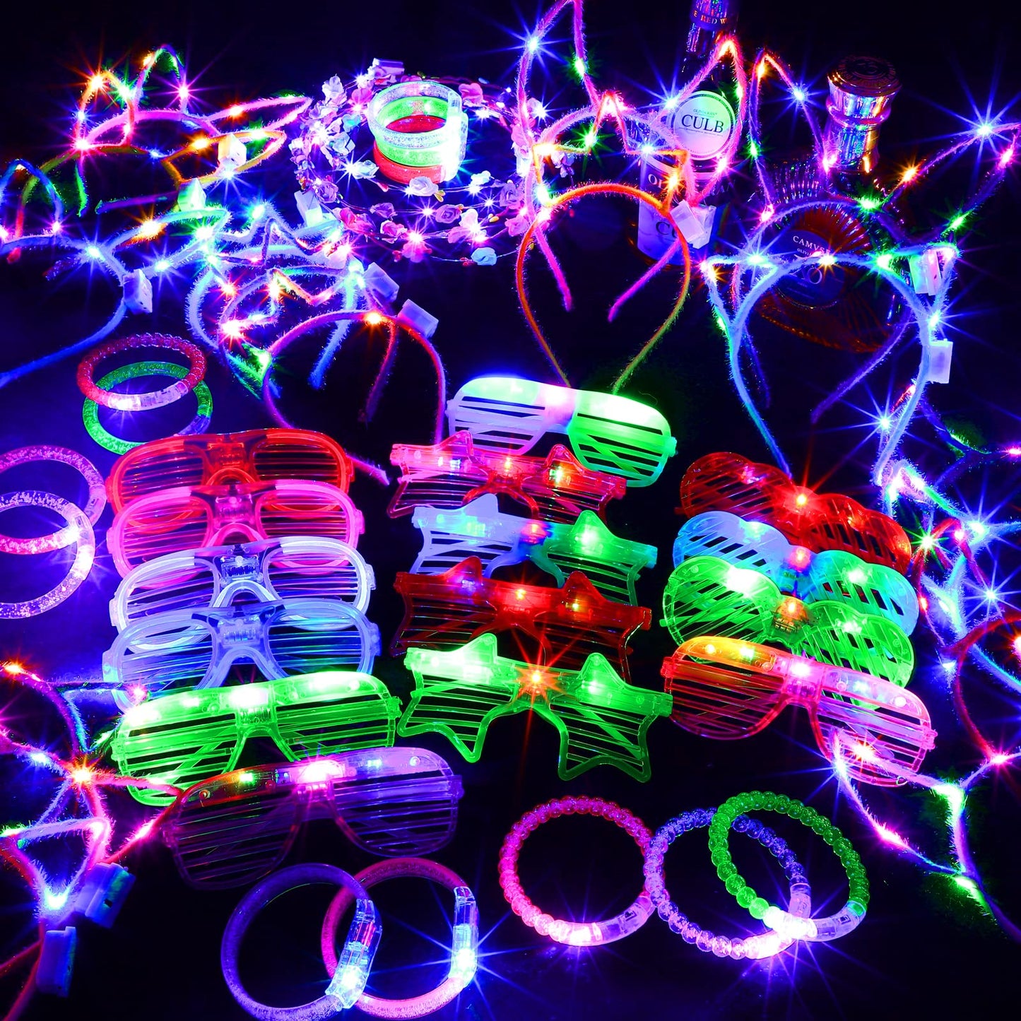 ADXCO 60 Pieces Glow in the Dark Party Supplies Neon Party Favor LED Light Up Party Favors with Flashing Glasses Flower Headband