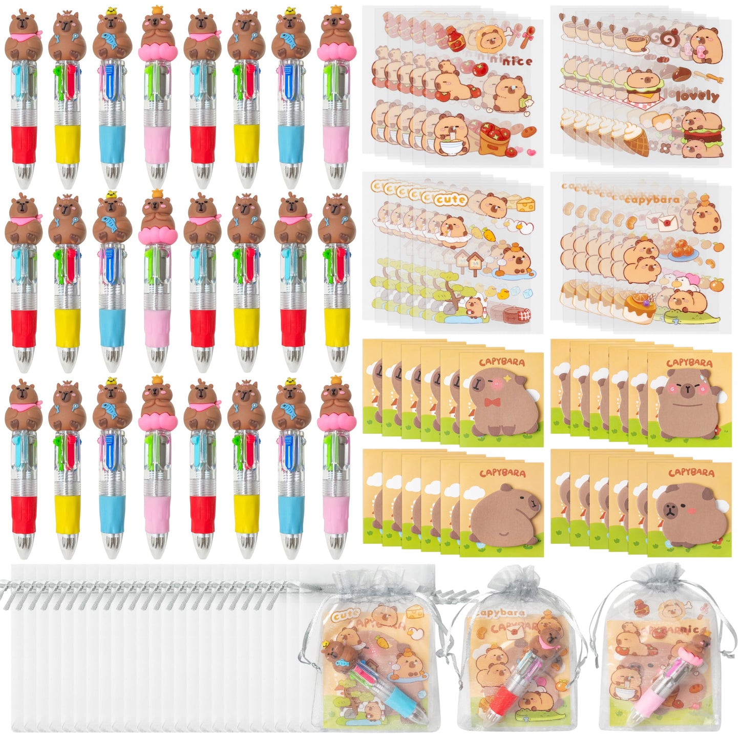 CY2SIDE Capybara Stationery Party Gift - 12 Pack Fun Animal Prizes Set Include 4-in-1 Ballpoint Pens Sticky Note Sticker and Org