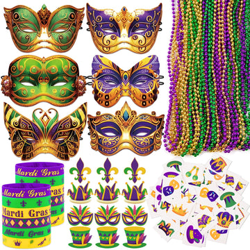 80UncleKimby 202PCS Mardi Gras Decorations Party Accessories Bulk: Paper Masks, Beads, Wristbands, Tattoos Pins, Parade Throws S