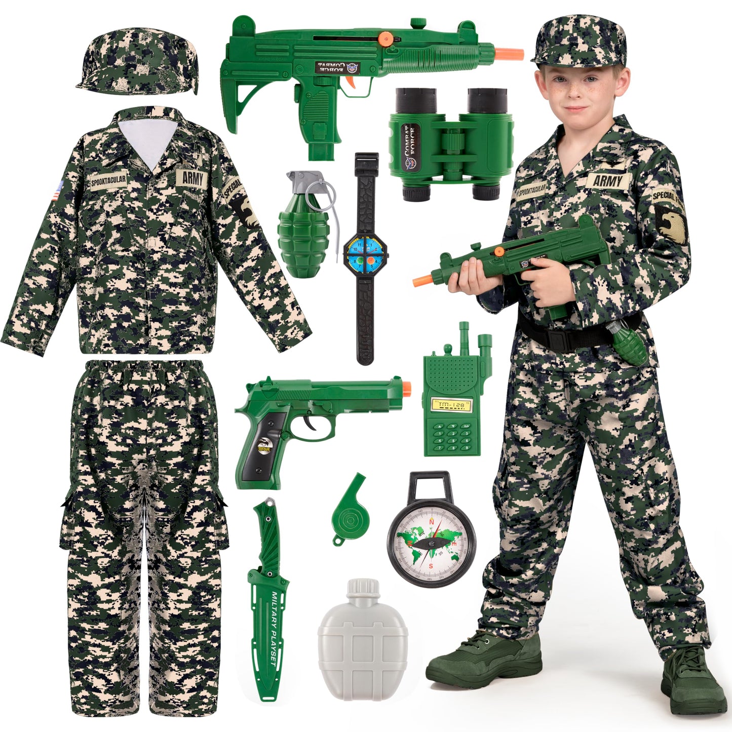 Spooktacular Creations Boys Army Costume, Military Costume For Kids, Dark Green Camo Soldier Outfit Set With Toy Accessories For Toddler Halloween Dress Up Themed Party (Medium, 8-10 Yrs)