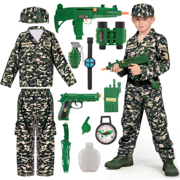 Spooktacular Creations Boys Army Costume, Military Costume For Kids, Dark Green Camo Soldier Outfit Set With Toy Accessories For Toddler Halloween Dress Up Themed Party (Medium, 8-10 Yrs)